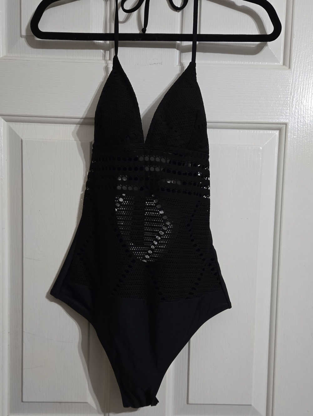 Crochet Detail Black One-Piece Swimsuit - Halter V-Neck